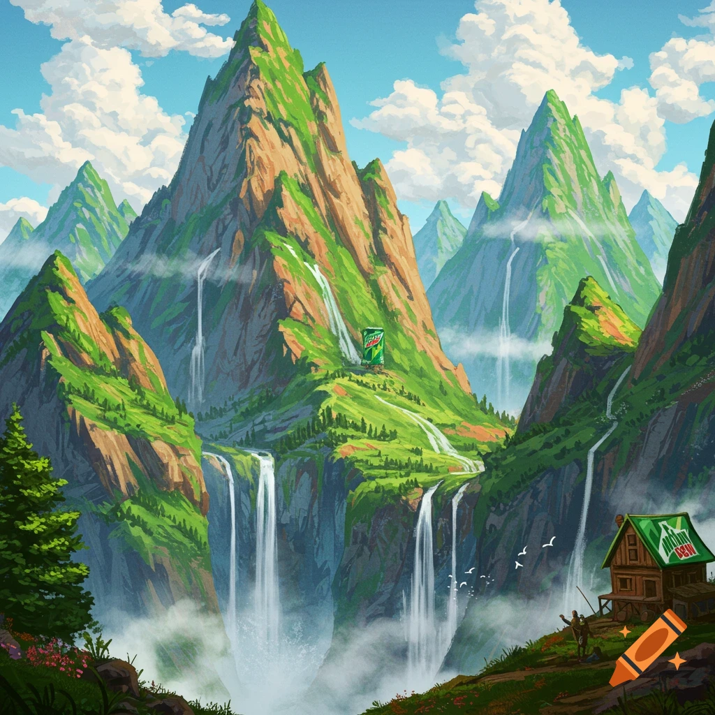 Surreal green mountains, waterfalls, a giant Mountain Dew can on a peak, and a cabin.