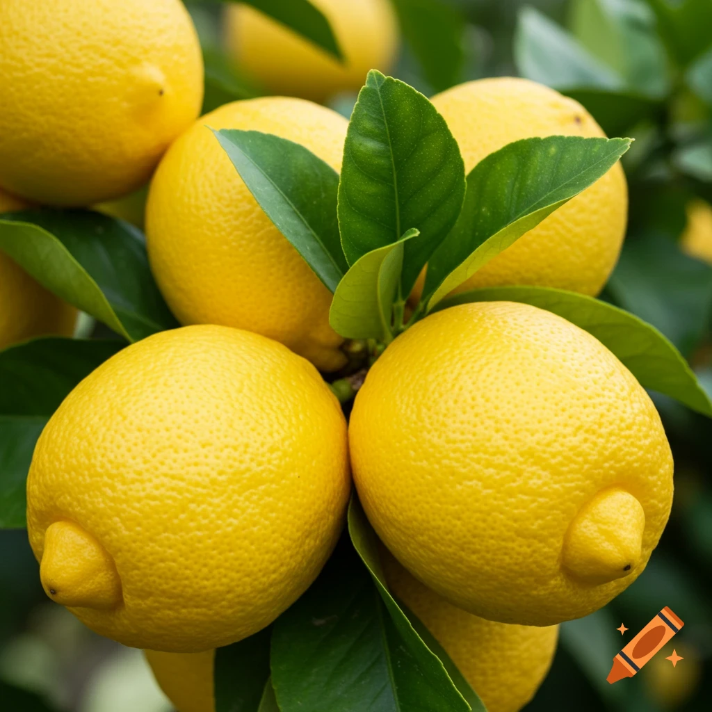 Close-up photo of ripe lemons on a tree branch with green leaves