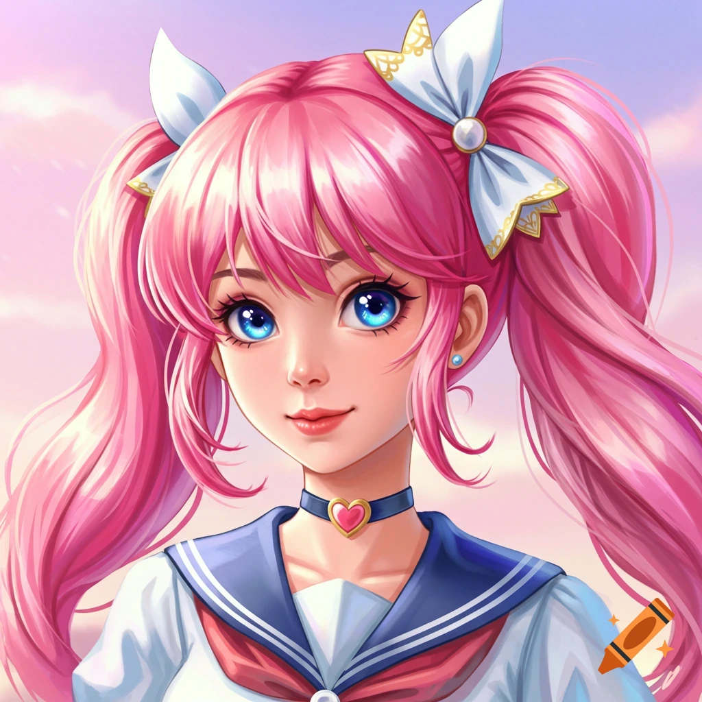 An anime girl with pink pigtails and blue eyes wearing a sailor uniform and heart choker.