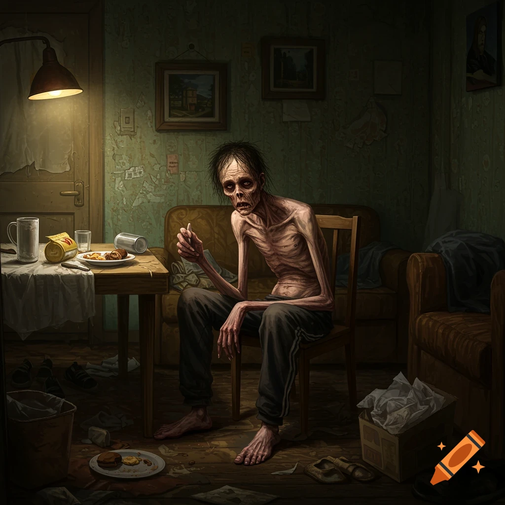 A gaunt man sits in a messy room, looking melancholic.