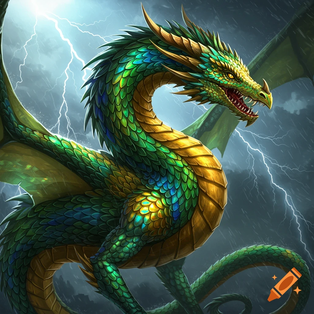 A detailed image of a green and gold dragon in a stormy sky with lightning.