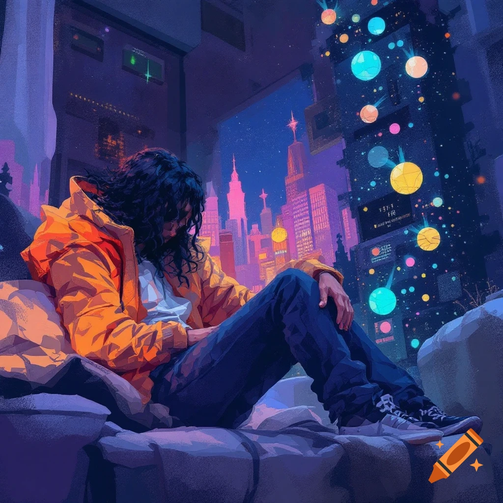 A person is shown sitting and looking down at a stylized, colorful city skyline at night.