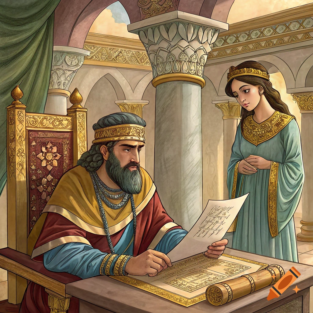 Illustration of a bearded man in a crown and robes reading a document at a table, with a woman standing beside him, in a decorated room.