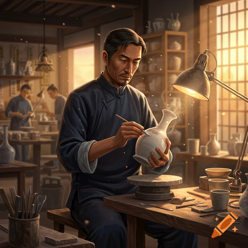 An artisan painting a vase in a sunlit pottery workshop.