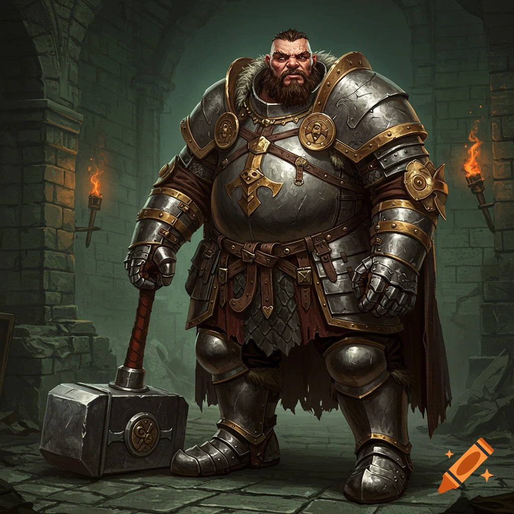 A heavily armored fantasy warrior with a hammer in a dungeon.