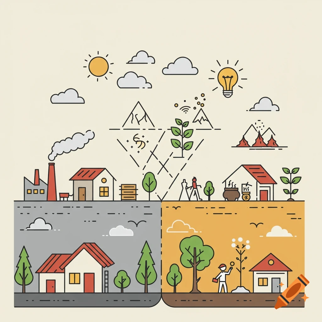 Minimalist vector illustration split vertically showing industry and pollution on the left and sustainability and nature on the right.