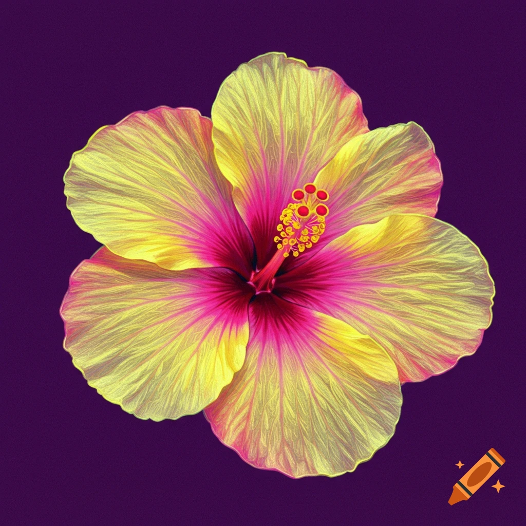A yellow and pink hibiscus flower on a purple background.