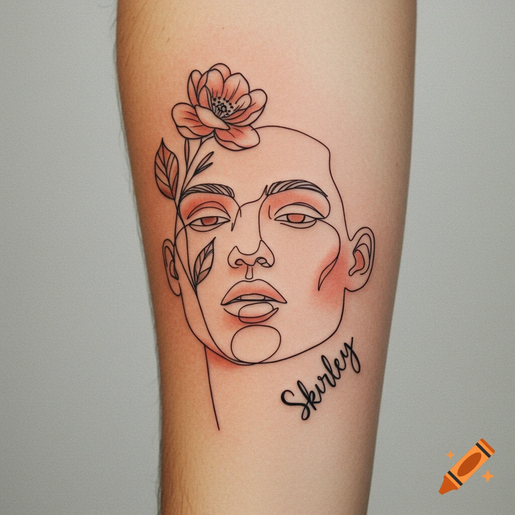 A fine line tattoo on an arm depicting a face and flower with the name Skurley.