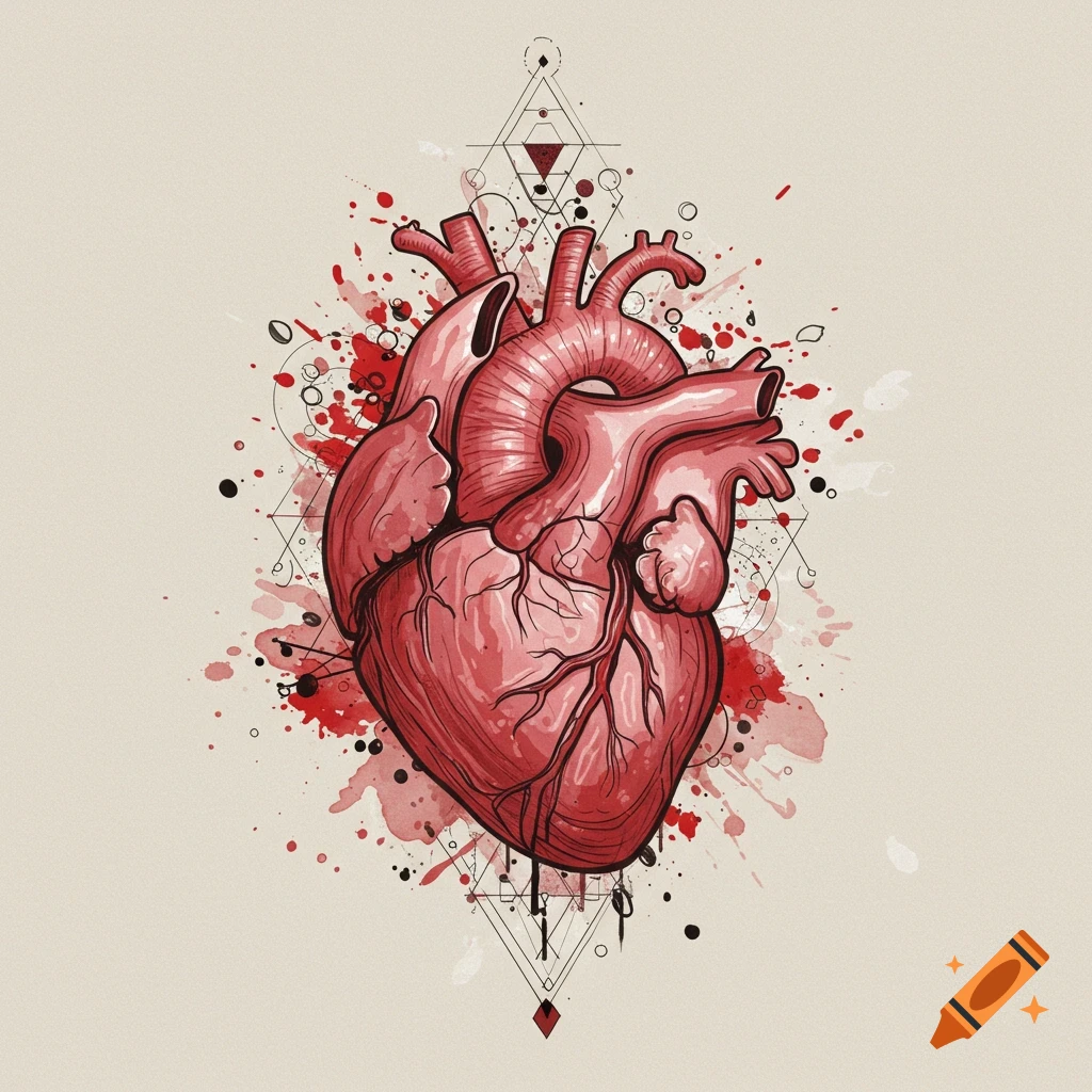 Anatomical heart illustration with sacred geometry and red paint splashes in tattoo style.