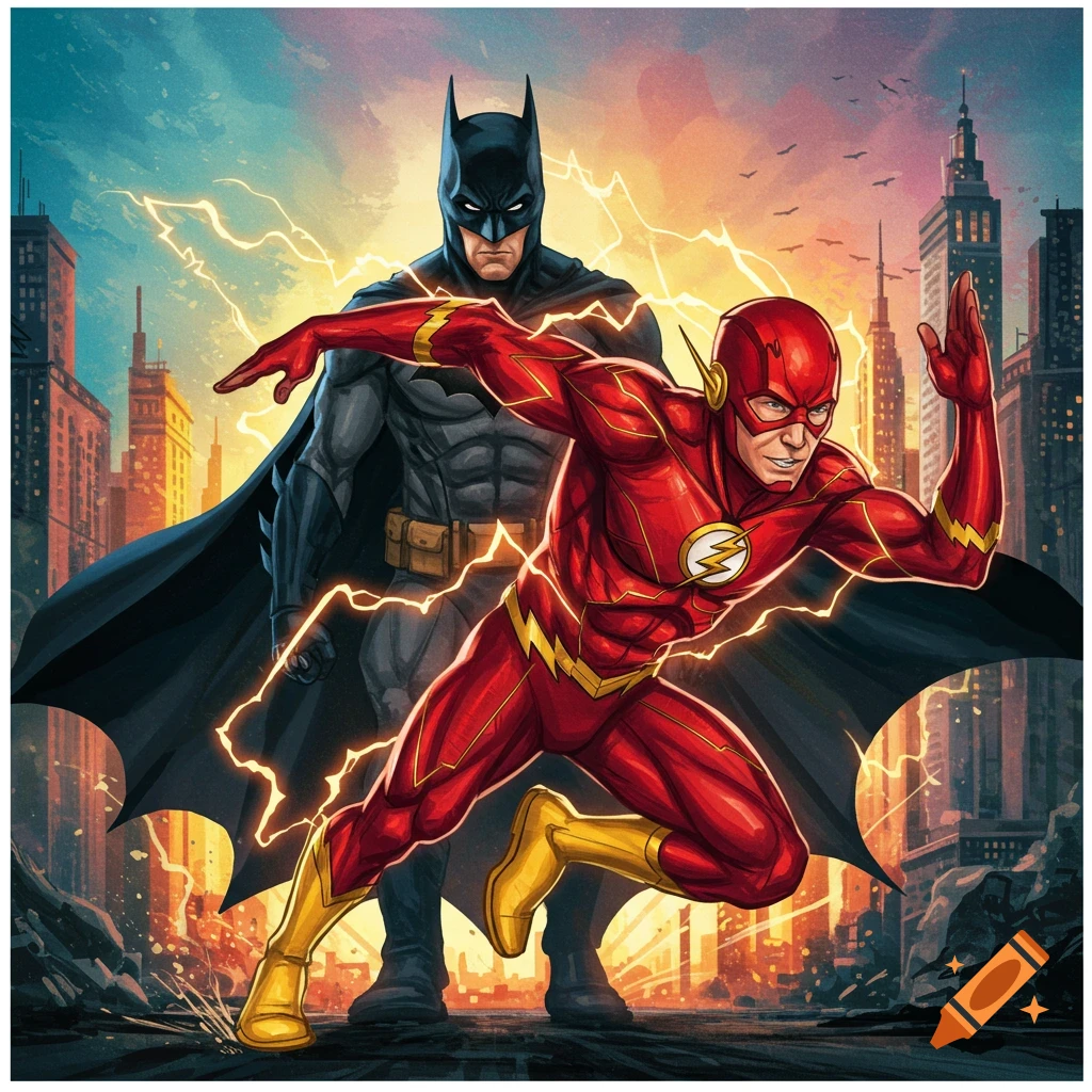 The Flash is running while Batman is standing behind him in a city during a lightning storm.