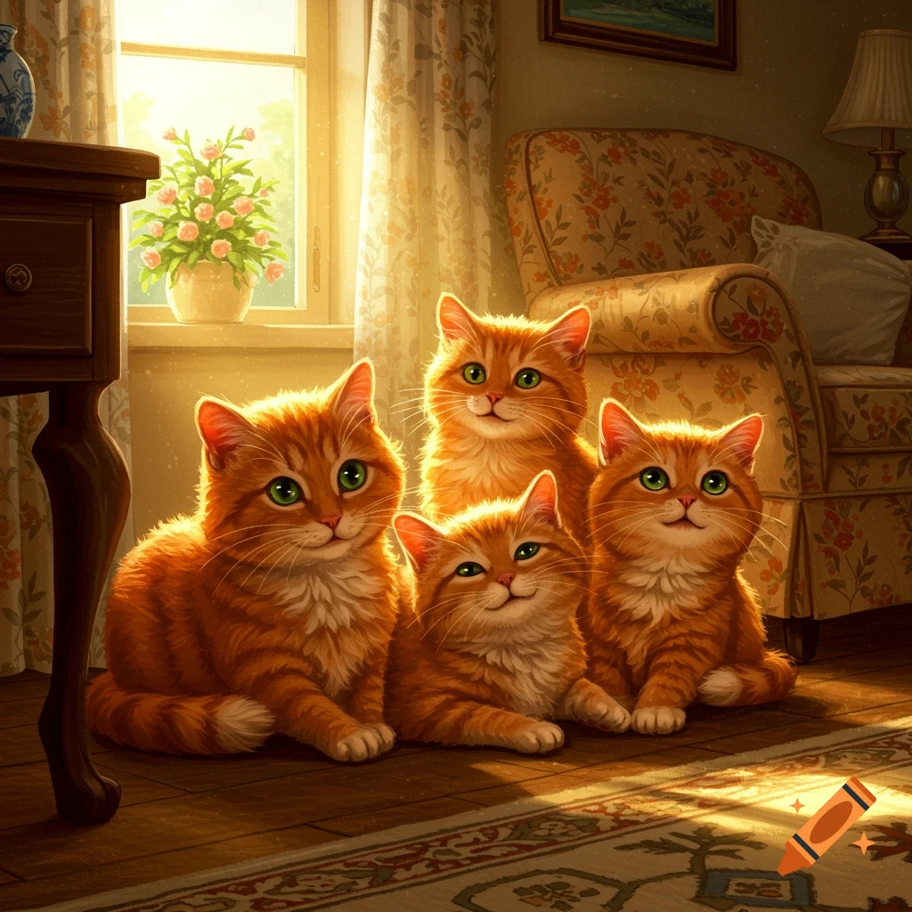 Four ginger cats lounge in a sunbeam in a cozy vintage living room.