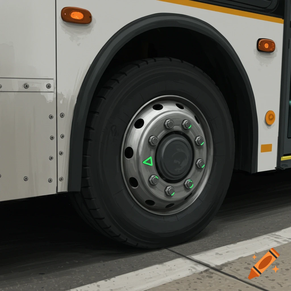 A bus wheel with green triangle markers on the lug nuts.