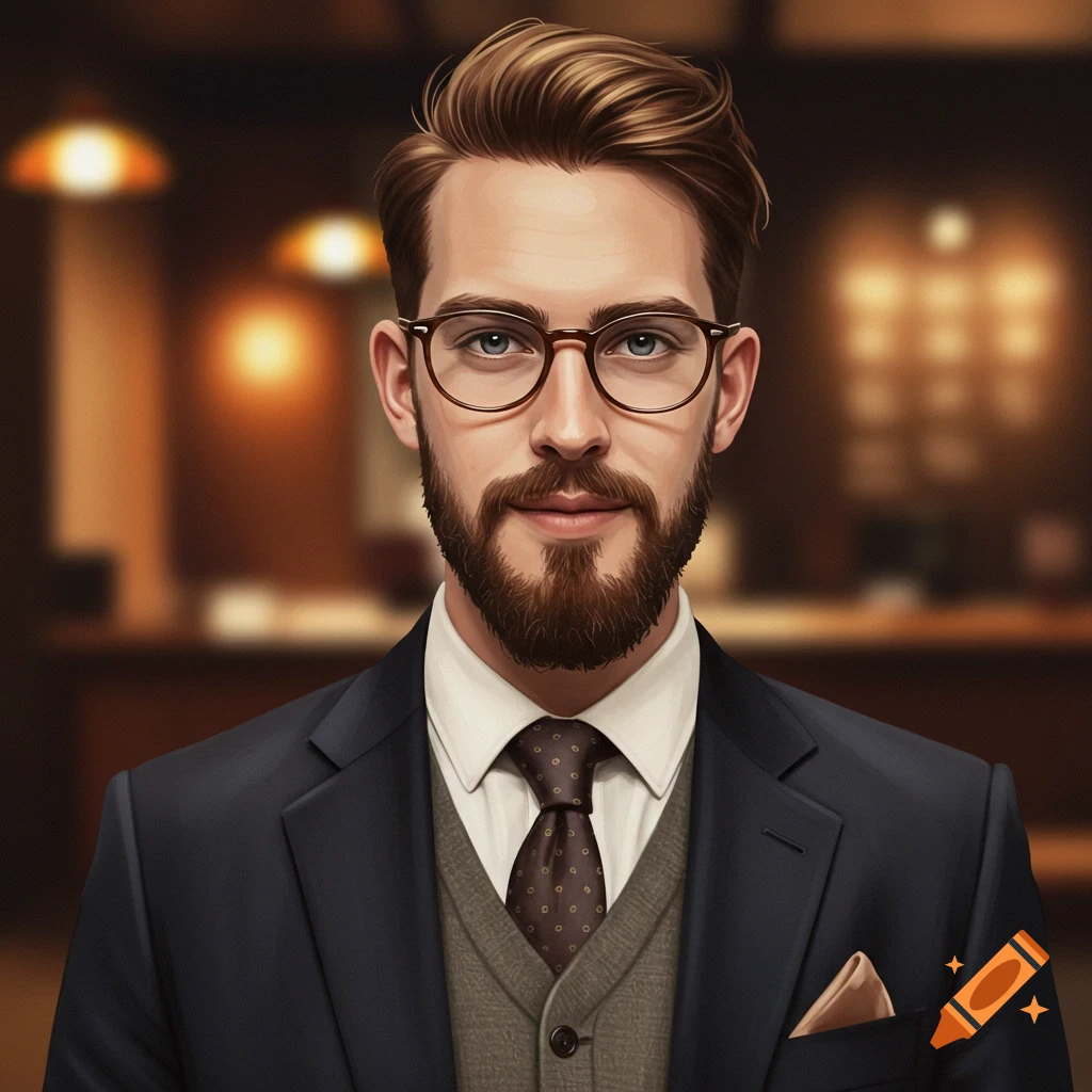 A man with a beard and glasses is wearing a suit.