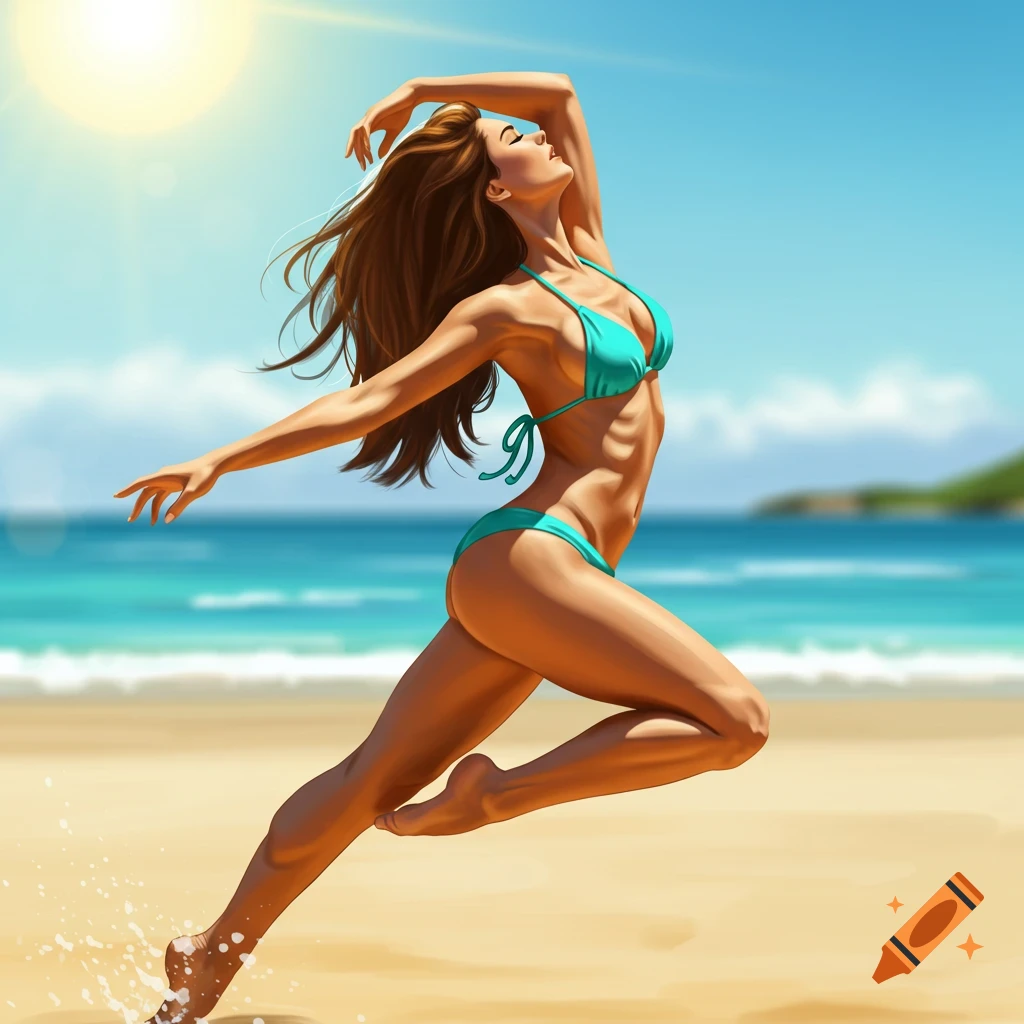 A woman in a bikini is leaping on a sunny beach.