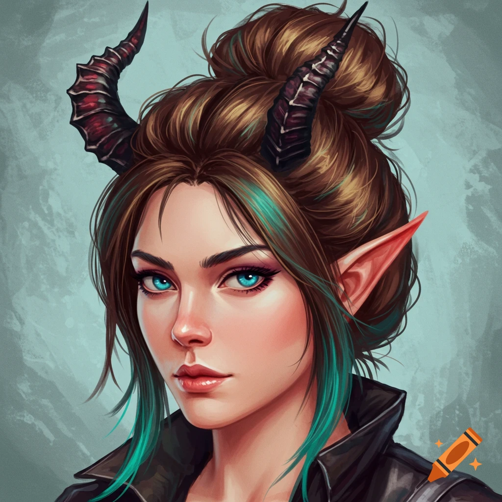Portrait of a woman with horns, pointed ears, and blue eyes