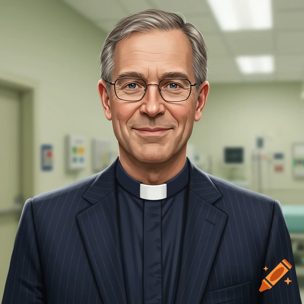 A smiling healthcare chaplain in a suit and clerical collar in a hospital setting.
