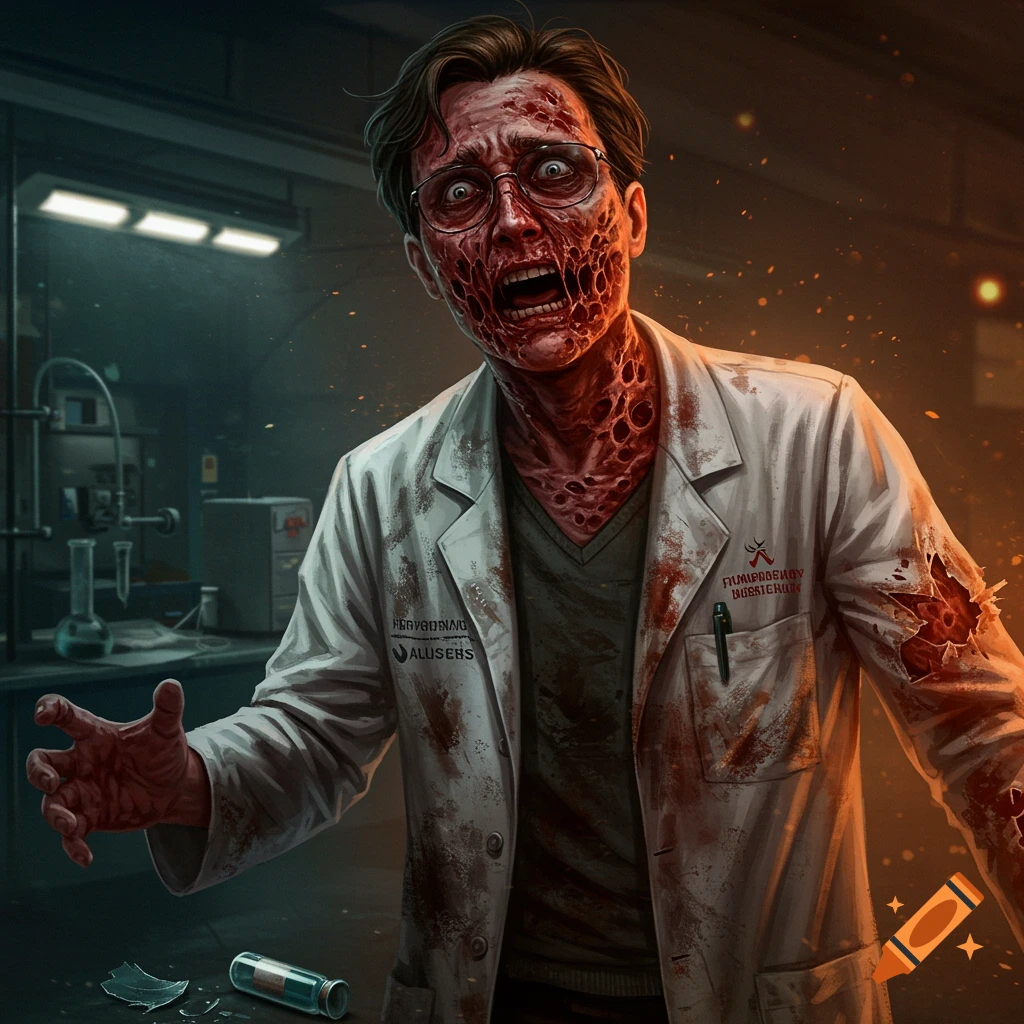 A scientist with a severely burnt face is shown in a laboratory, expressing fear and pain.