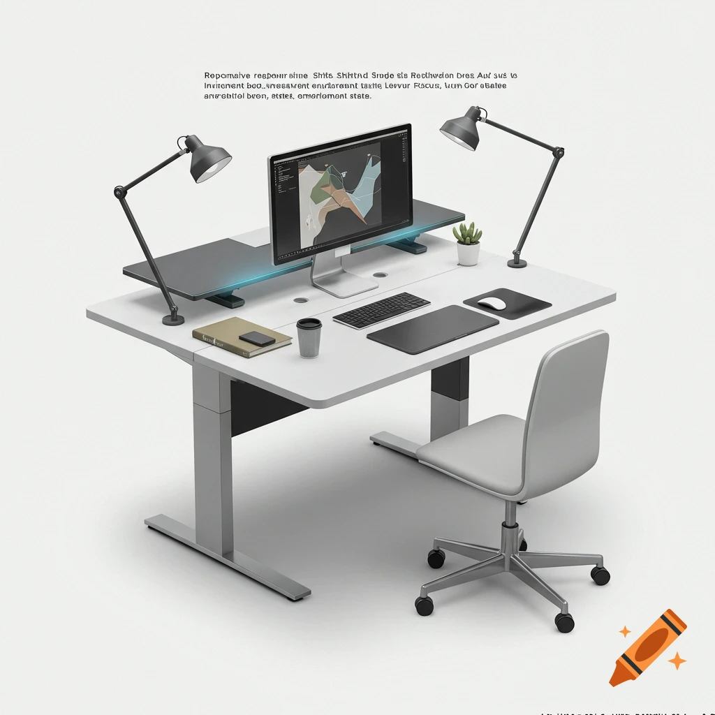 A modern white adjustable desk with a monitor, keyboard, mouse, two desk lamps, a plant, a book, a cup, and a chair.