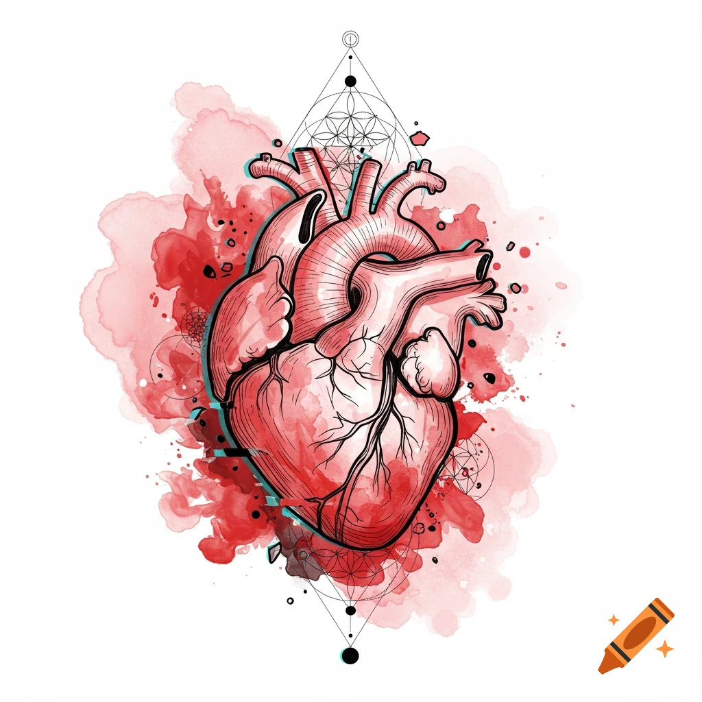 Anatomical heart illustration in watercolor with sacred geometry.