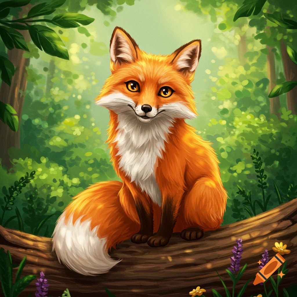 A cute, mischievous-looking orange fox sits on a log in a sunny forest.