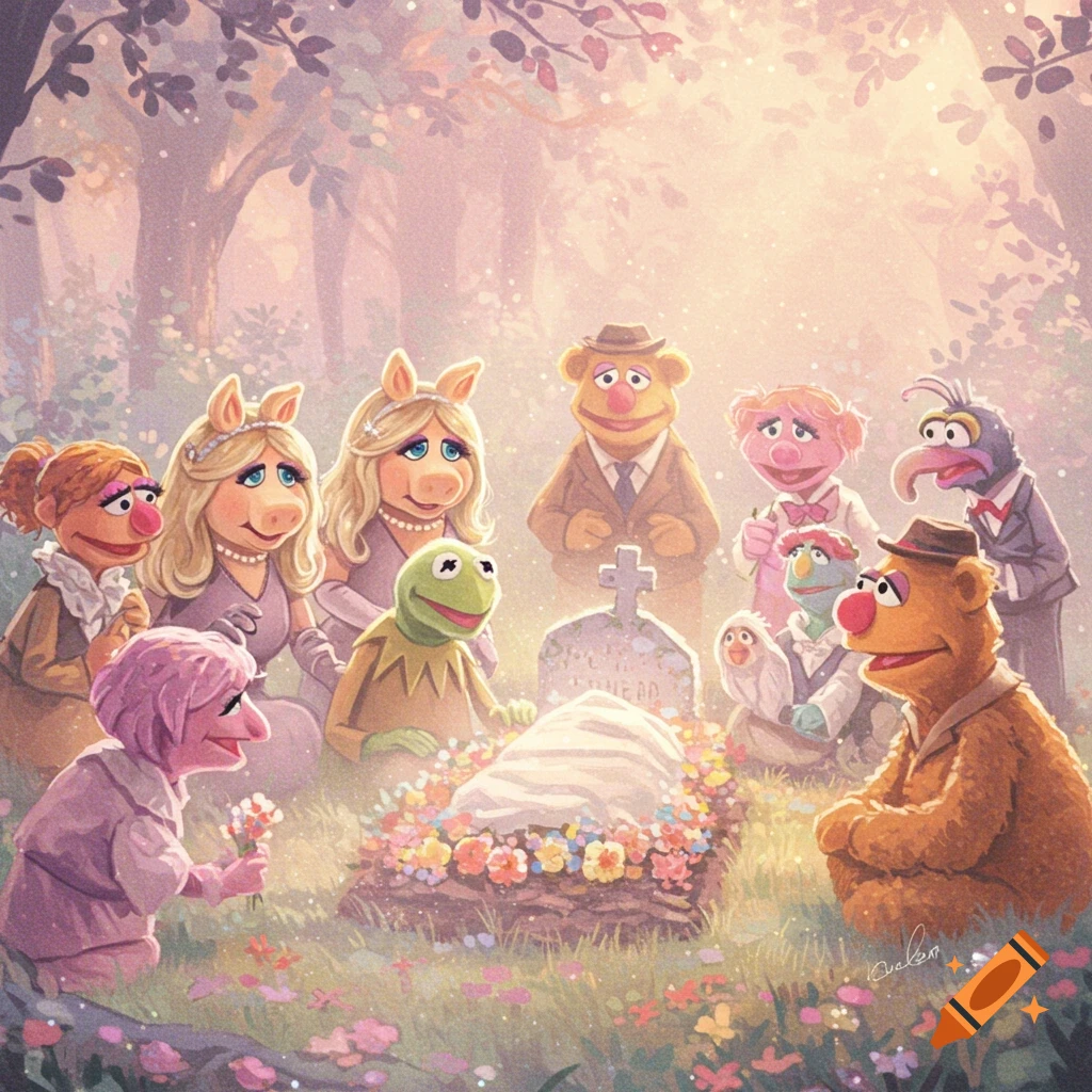 Muppet characters attend a funeral around a grave in a forest clearing, with pastel colors.