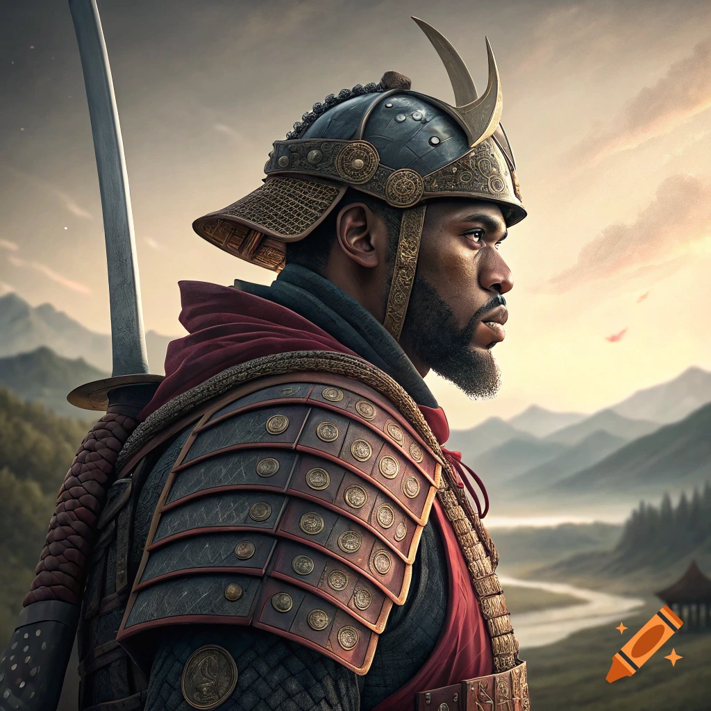 A man in samurai armor with a sword stands in a mountainous landscape, looking to the side.
