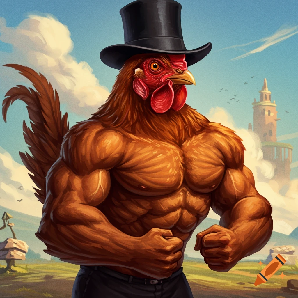 A muscular chicken wearing a top hat stands in a landscape flexing.