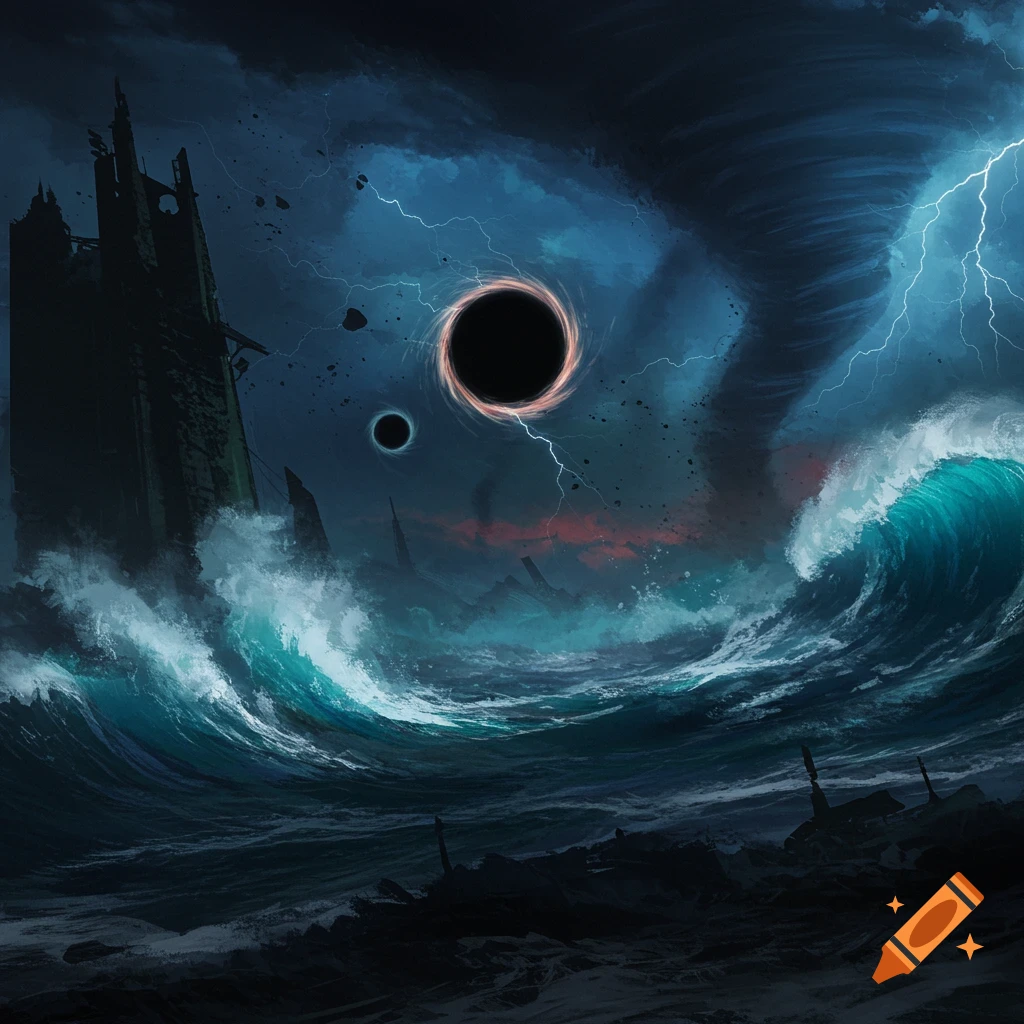A stormy sea with tsunamis, a tornado, lightning, a crumbling tower, and black holes in the sky.