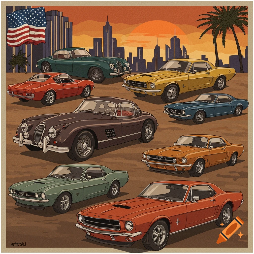 Vintage European and American muscle cars are parked in front of a city skyline at sunset.