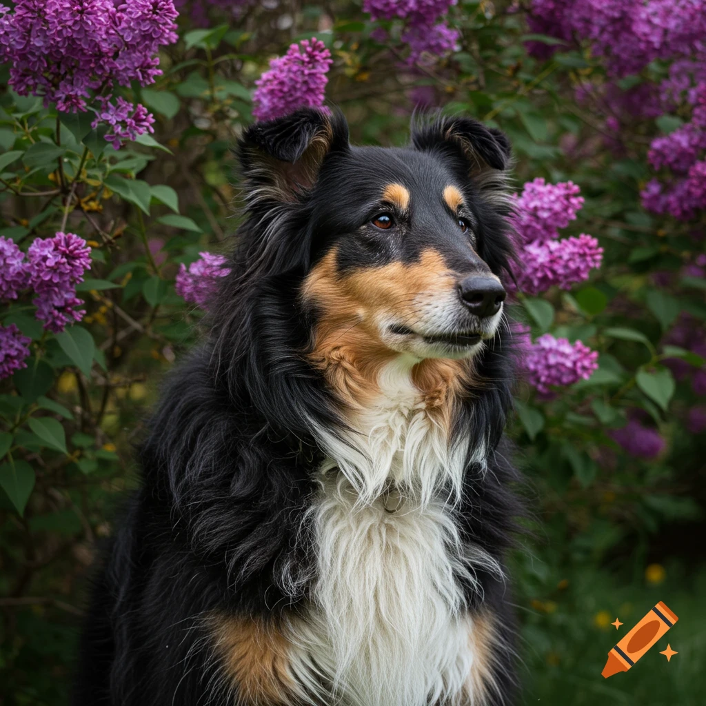 A black, tan, and white collie dog sits in front of purple lilac bushes.
