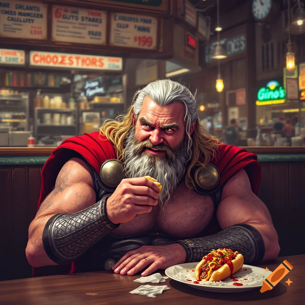 Fat Thor with a beard eats a hot dog at a table in a diner.