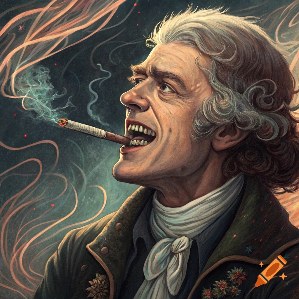 Illustration of a man in historical clothing smoking a cigar, against a dark, swirling background.