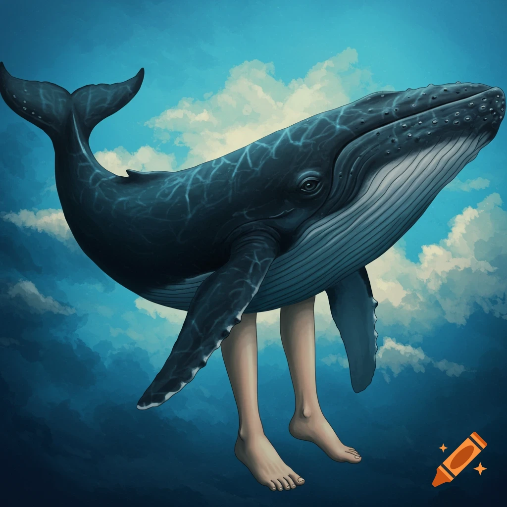 A whale with human legs floats among clouds.