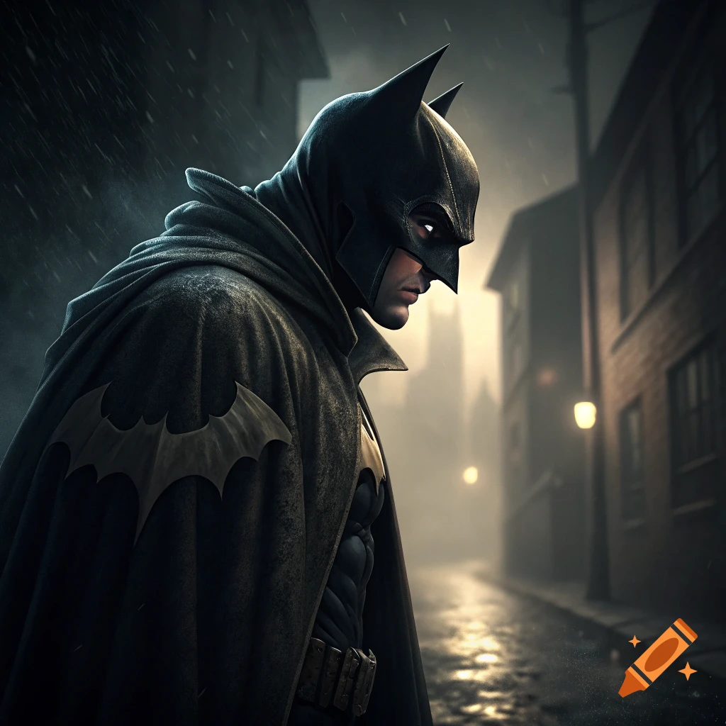 Batman stands in a dark, rainy alley at night.