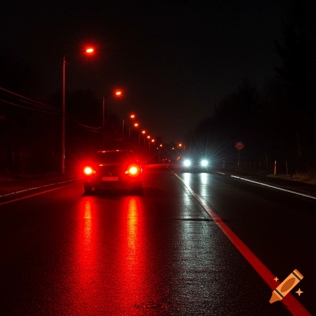 Photorealistic image of cars driving at night on a wet road with bright headlights and taillights reflecting.