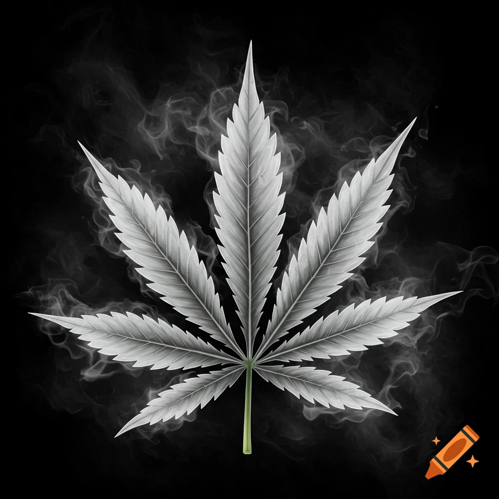 A white smoke cannabis leaf on a black background.