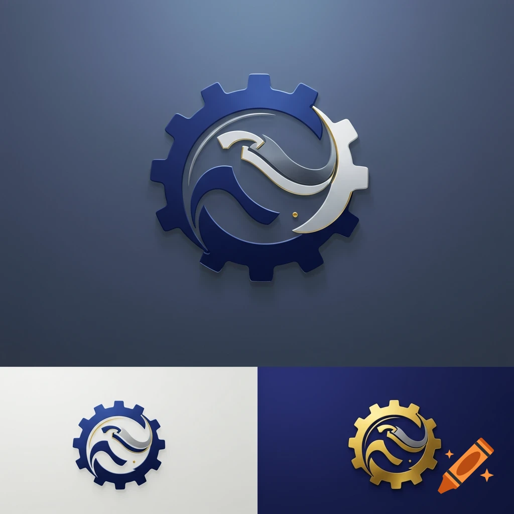 A logo concept showing a gear with abstract shapes inside, presented in three variations: blue and silver on a dark background, blue and silver on a white background, and gold and silver on a dark background.