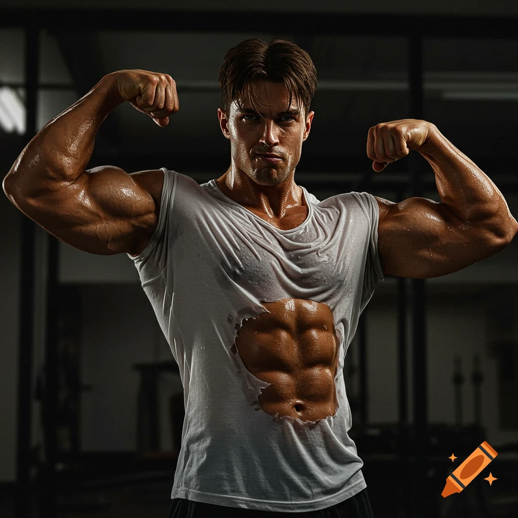Muscular man flexing biceps and showing abs in a ripped shirt in a gym.