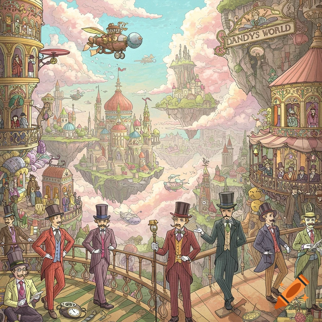 Illustration of a whimsical steampunk world with floating islands, airships, and well-dressed dandies.