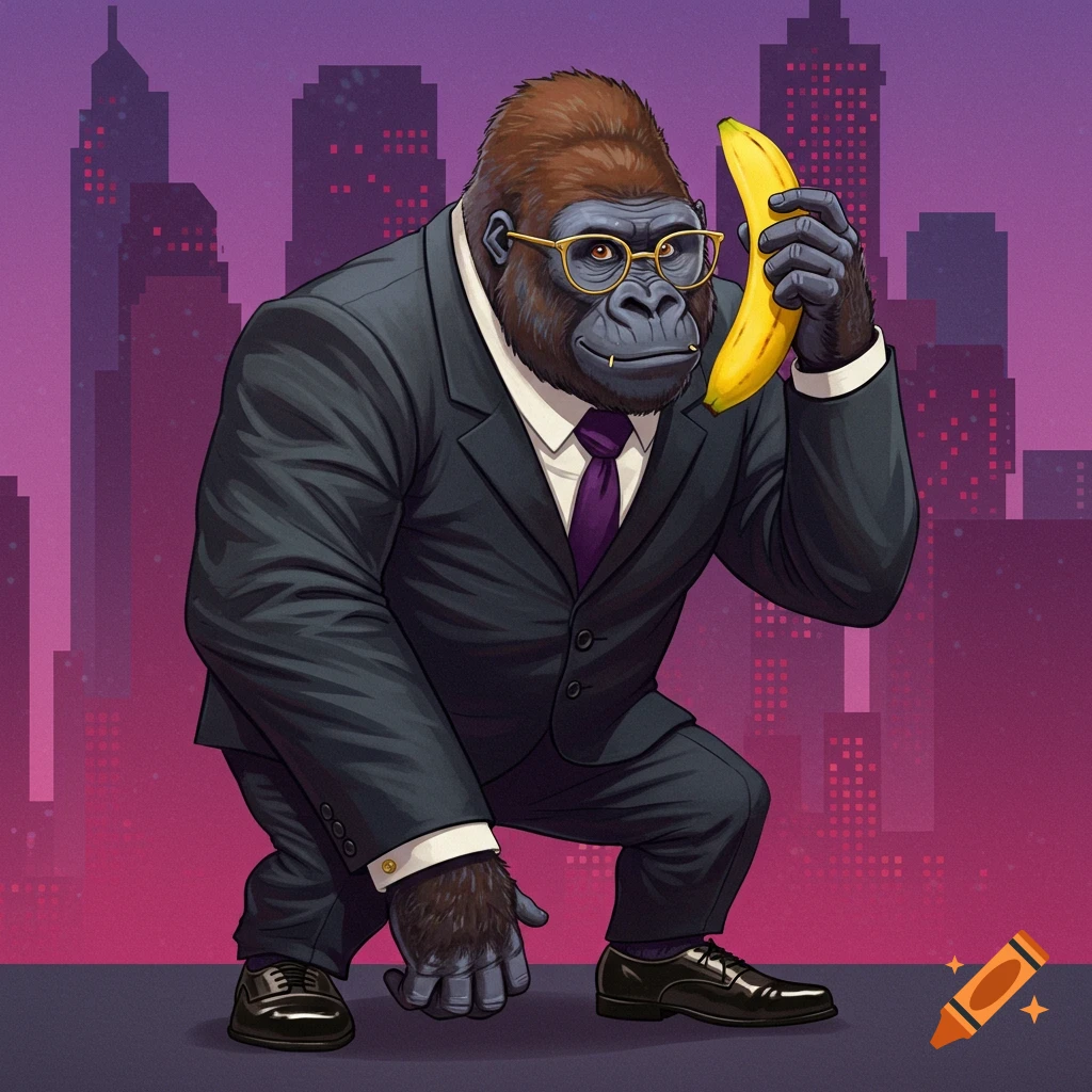 A gorilla in a suit and glasses holds a banana like a cell phone in front of a city skyline.