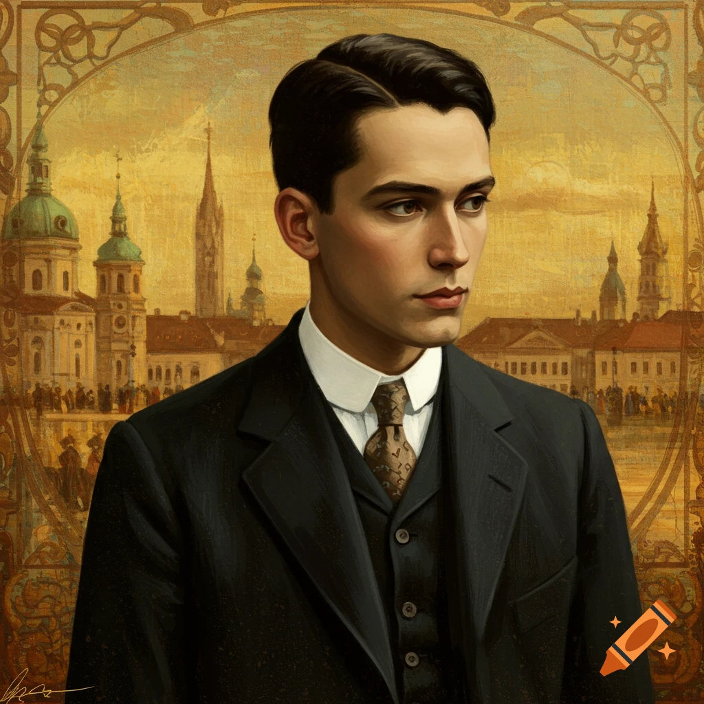 A young man in a suit is shown against a historical cityscape background
