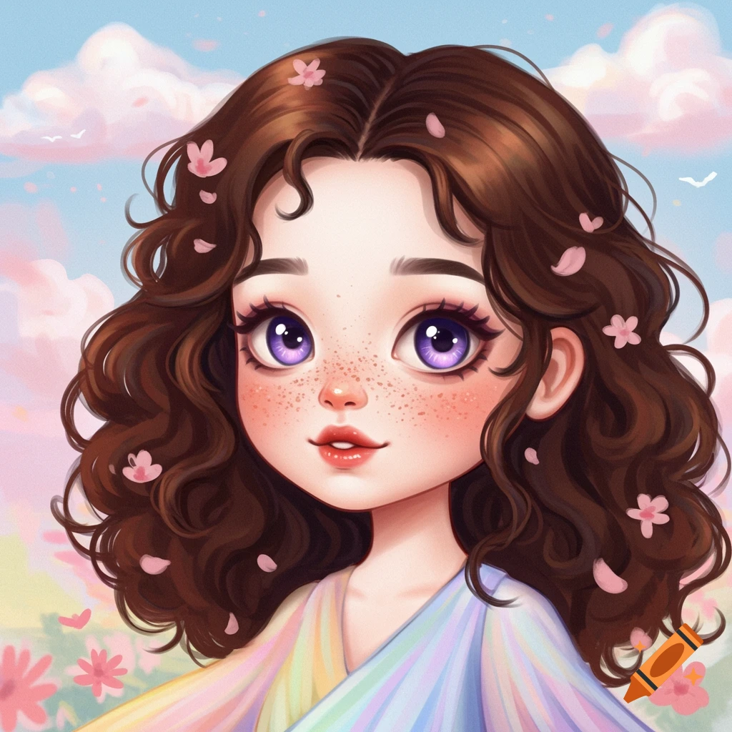 A cute girl with curly brown hair, purple eyes, and freckles in a pastel floral setting.