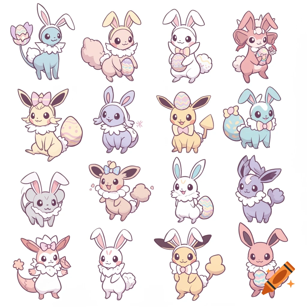 Multiple pastel-colored cartoon bunny-like characters based on Pokémon, holding Easter eggs.