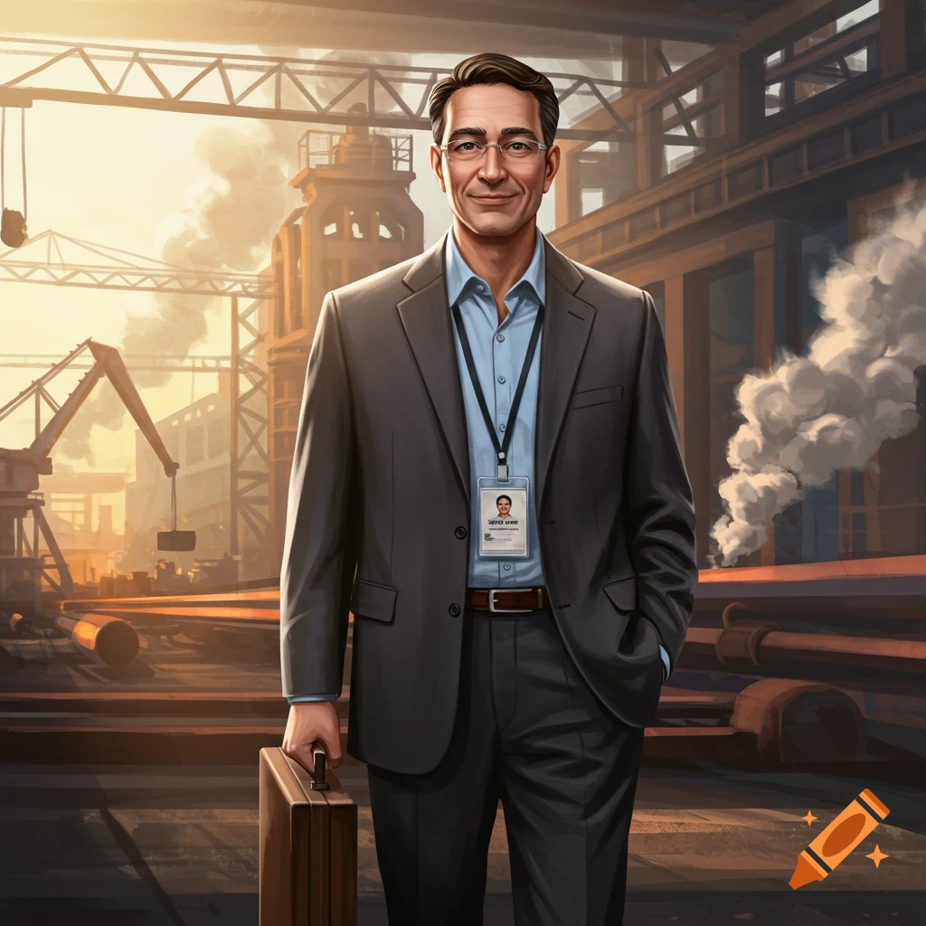 A businessman in a suit standing in an industrial steel yard.