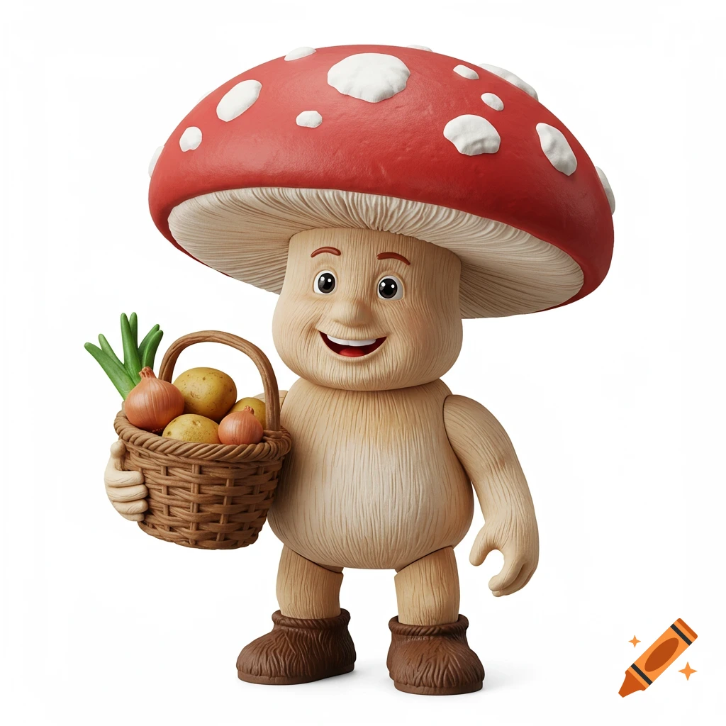 Plastic action figure of a happy mushroom character holding a basket of potatoes and onions