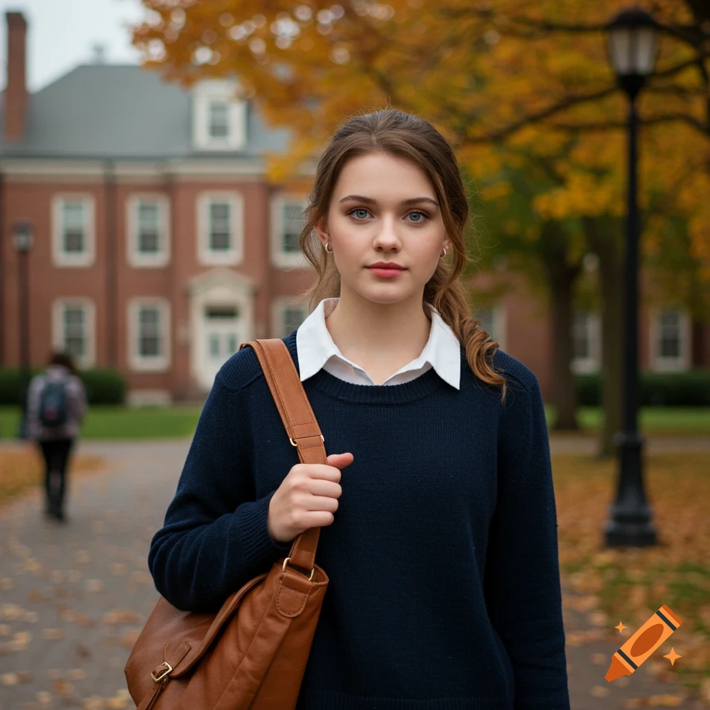 A young woman with a bag stands on a college campus path surrounded by autumn trees.
