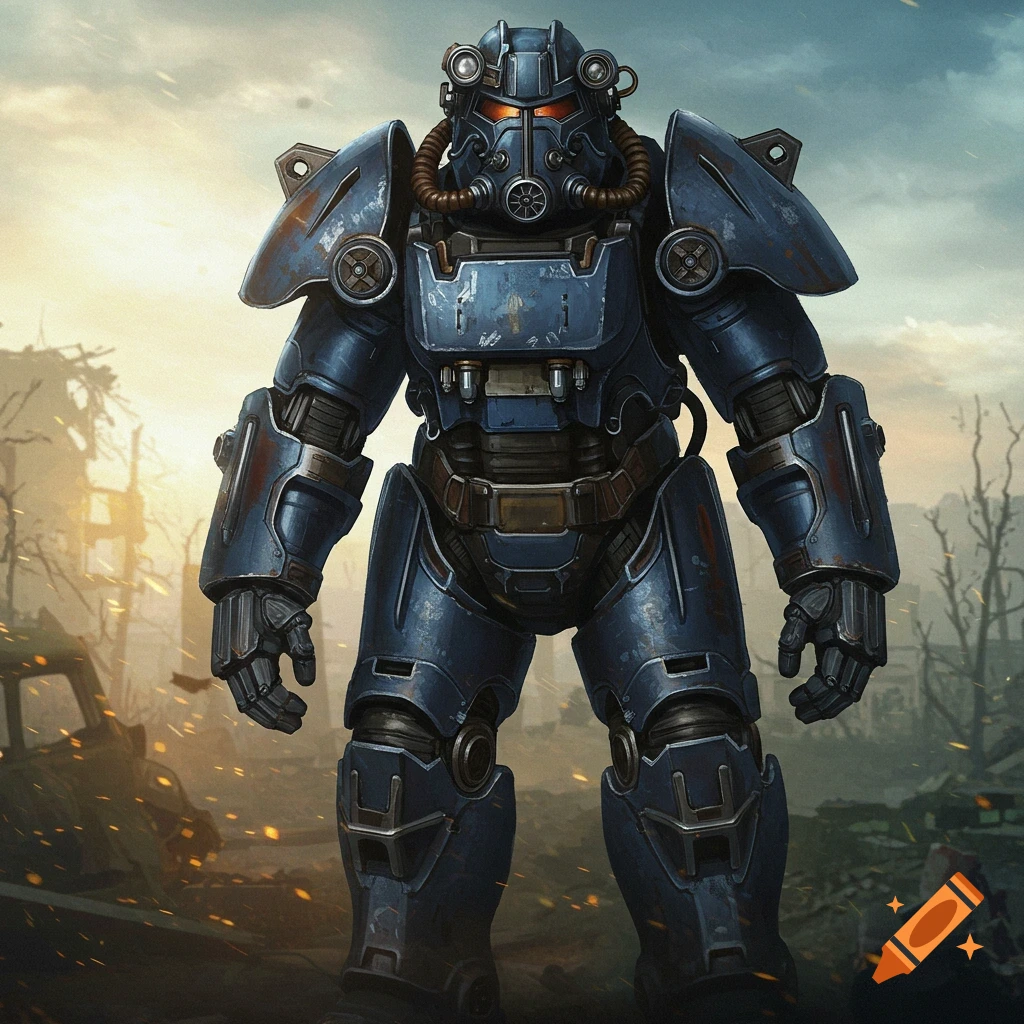 T-60 power armor stands in a ruined city landscape.
