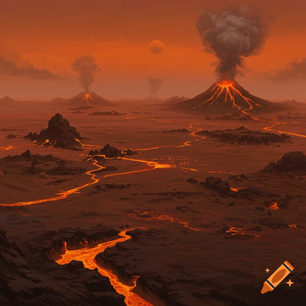A fiery volcanic landscape with erupting mountains and flowing lava.