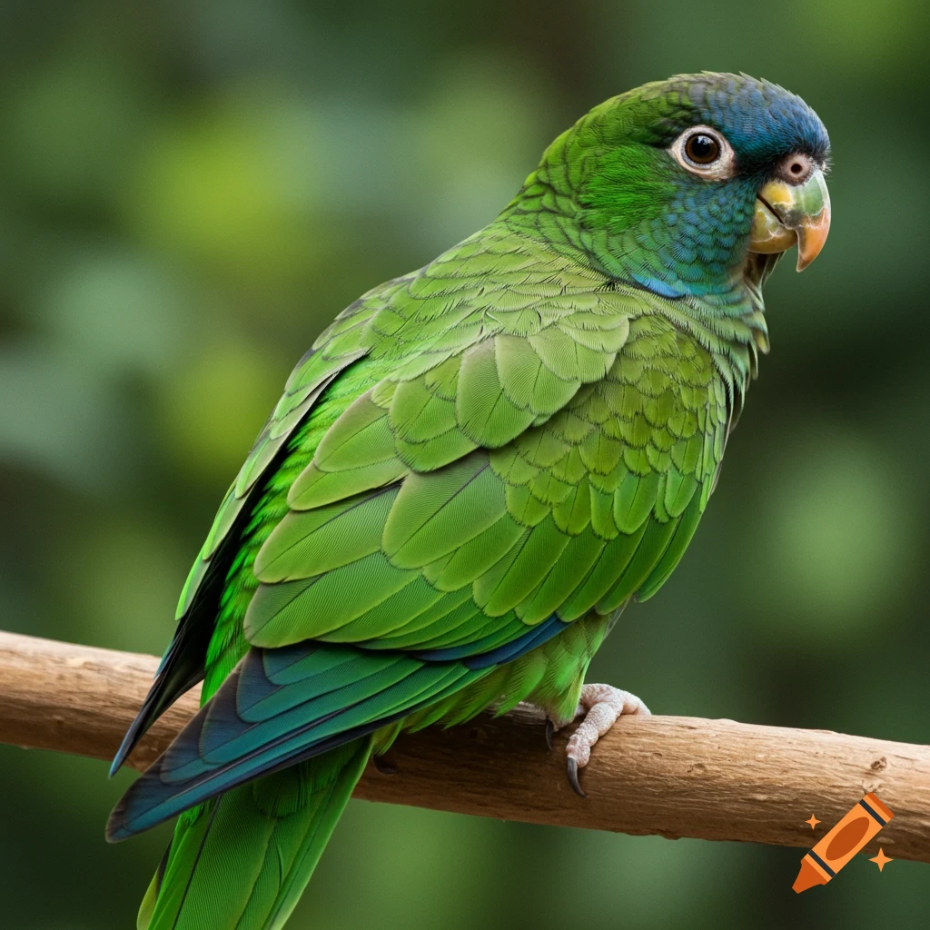 A green parrot perched on a branch.