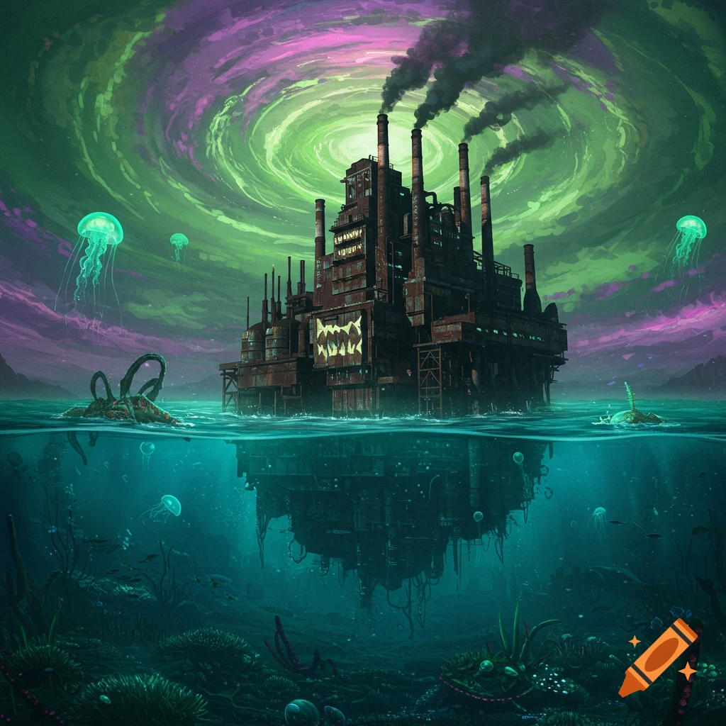 Massive scary factory structure in an alien ocean with glowing jellyfish and a swirling sky.
